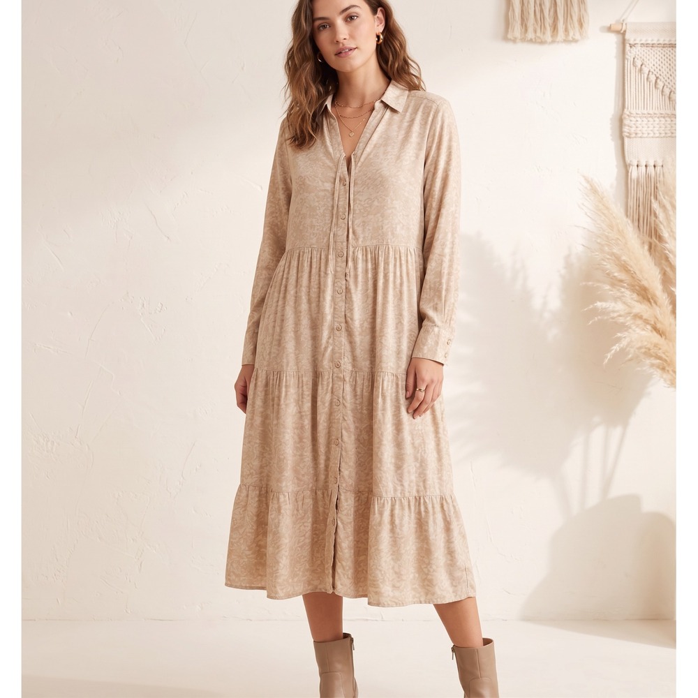 Time Tru Beige Tan Patterned Tiered Midi Shirt Dress Pockets Cottage Boho XL
